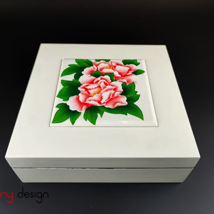 White square lacquer box with convex lid, hand-painted with peonies 25 cm